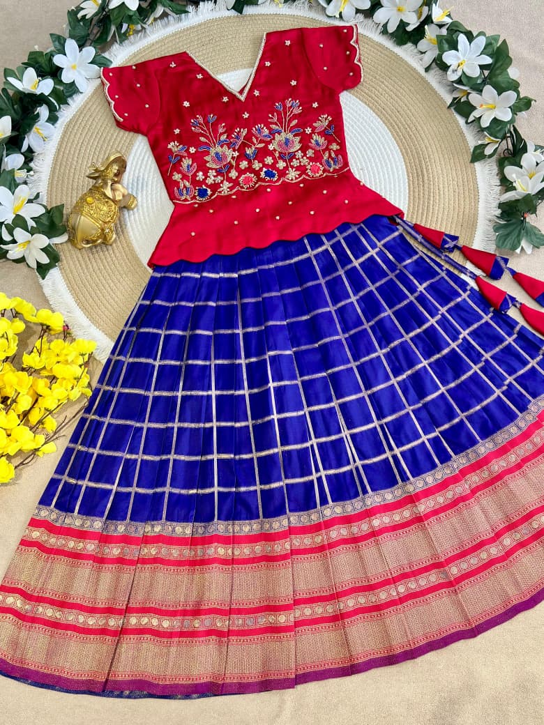 Red &amp; Blue Pure Soft Silk with Zari Weaving Work Kid&