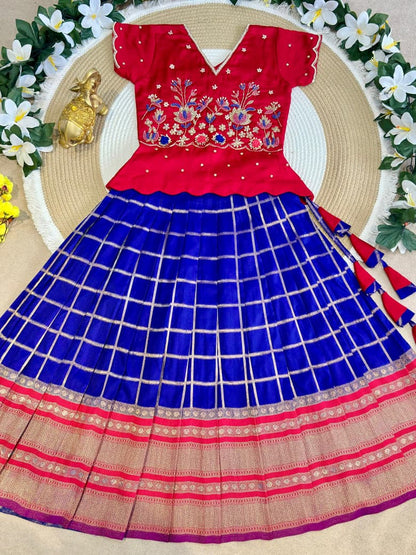 Red &amp; Blue Pure Soft Silk with Zari Weaving Work Kid&