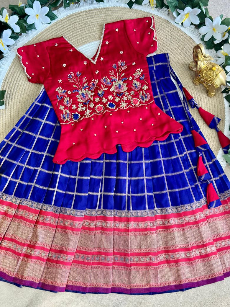 Red &amp; Blue Pure Soft Silk with Zari Weaving Work Kid&