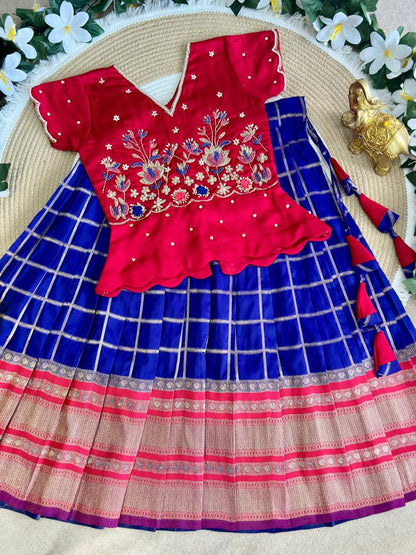 Red &amp; Blue Pure Soft Silk with Zari Weaving Work Kid&