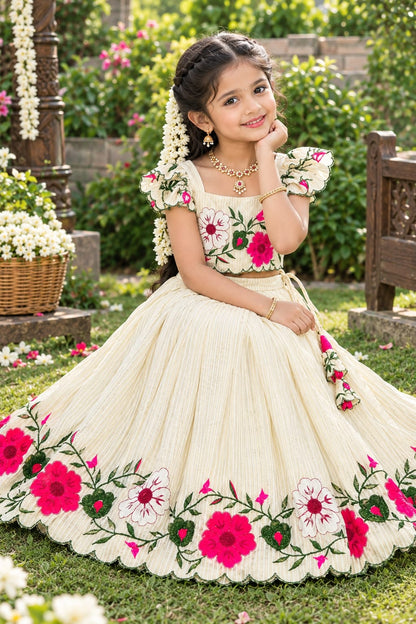Off White Pure Soft Russian Silk Multi Embroidery Thread Work Kid&