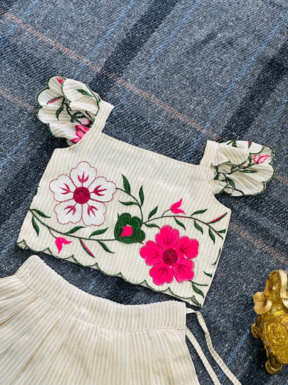 Off White Pure Soft Russian Silk Multi Embroidery Thread Work Kid&