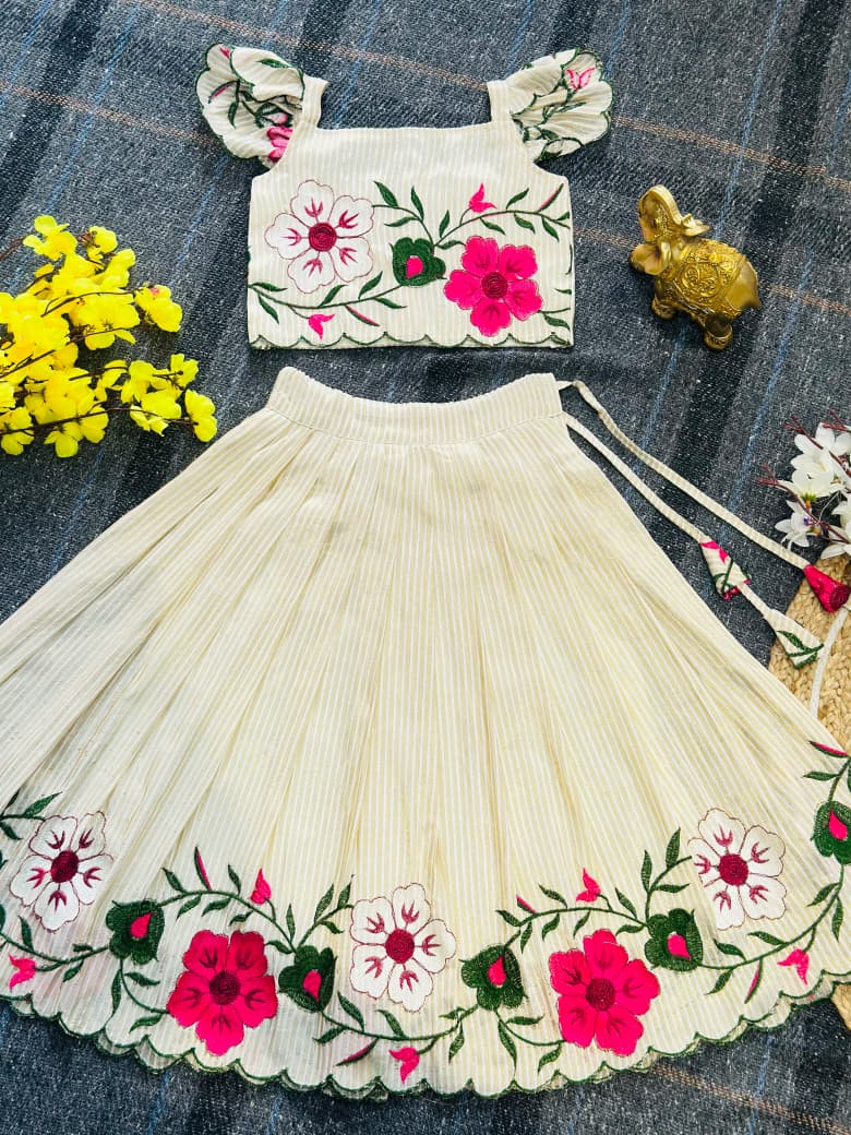 Off White Pure Soft Russian Silk Multi Embroidery Thread Work Kid&
