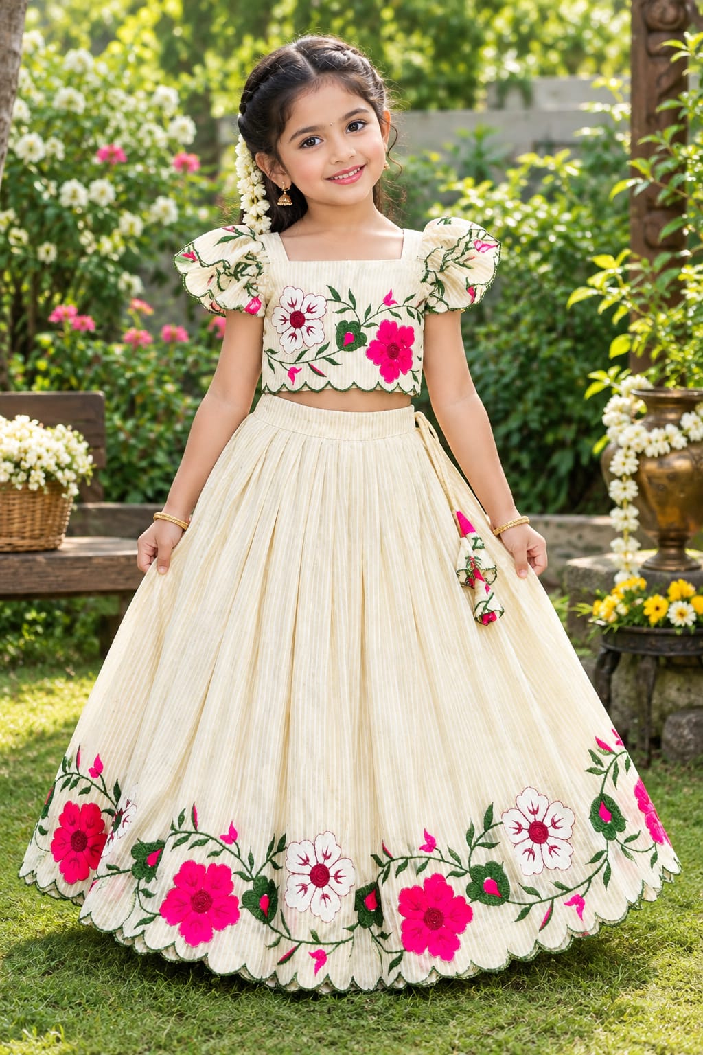 Off White Pure Soft Russian Silk Multi Embroidery Thread Work Kid&