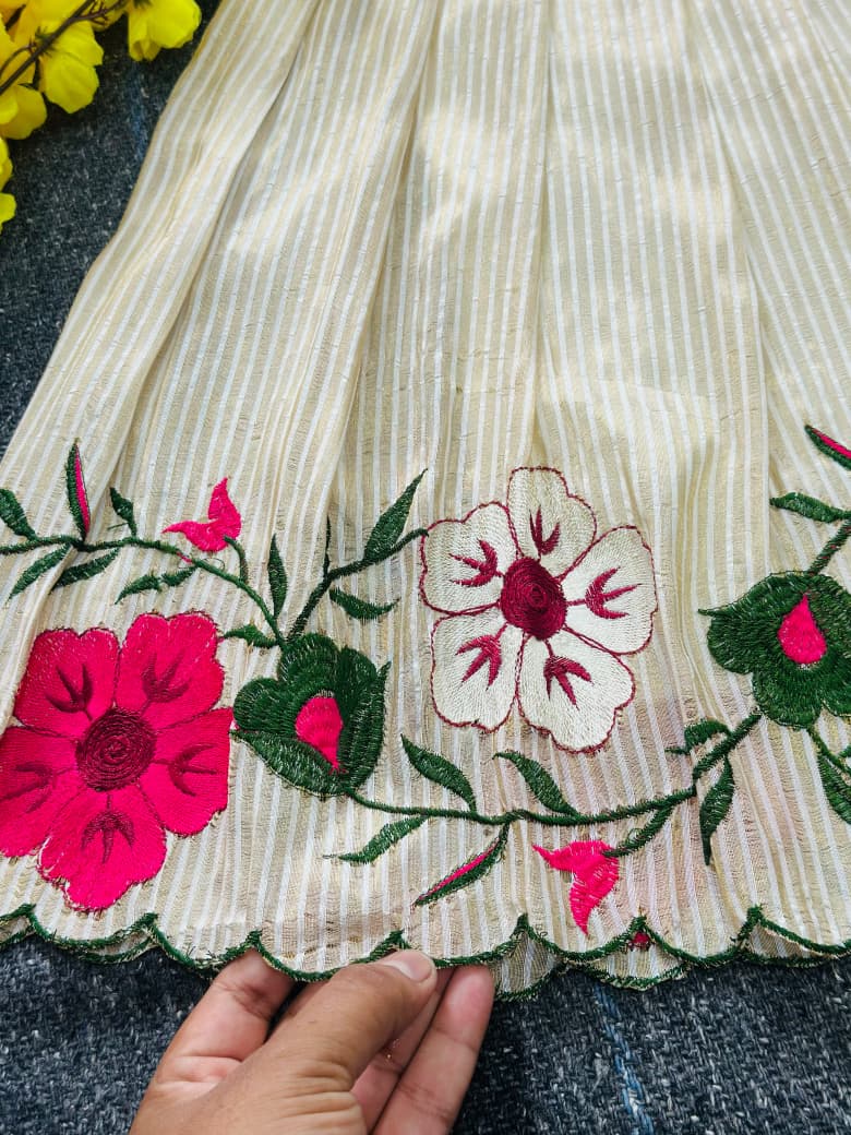 Off White Pure Soft Russian Silk Multi Embroidery Thread Work Kid&