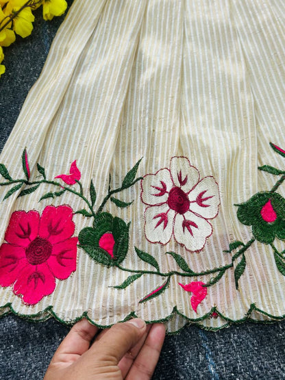 Off White Pure Soft Russian Silk Multi Embroidery Thread Work Kid&