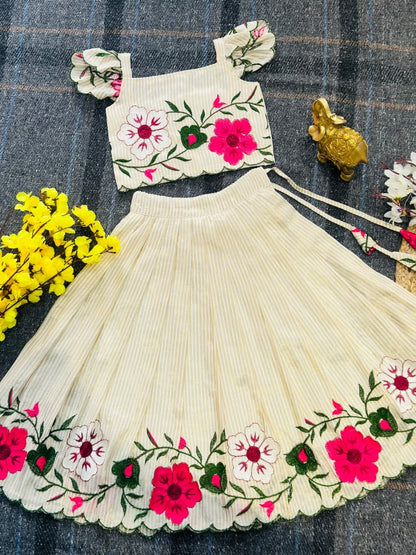 Off White Pure Soft Russian Silk Multi Embroidery Thread Work Kid&