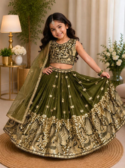 Mehandi Pure Soft Sindur Silk Sequins Embroidery Work Work Kid&