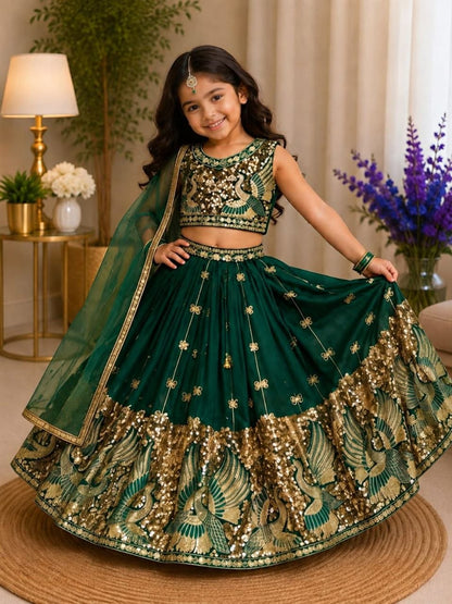 Green Pure Soft Sindur Silk Sequins Embroidery Work Work Kid&