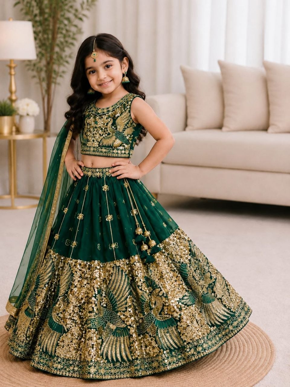 Green Pure Soft Sindur Silk Sequins Embroidery Work Work Kid&
