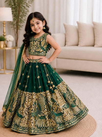 Green Pure Soft Sindur Silk Sequins Embroidery Work Work Kid&