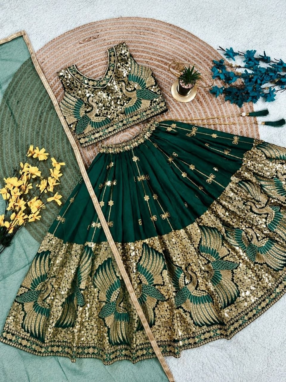 Green Pure Soft Sindur Silk Sequins Embroidery Work Work Kid&