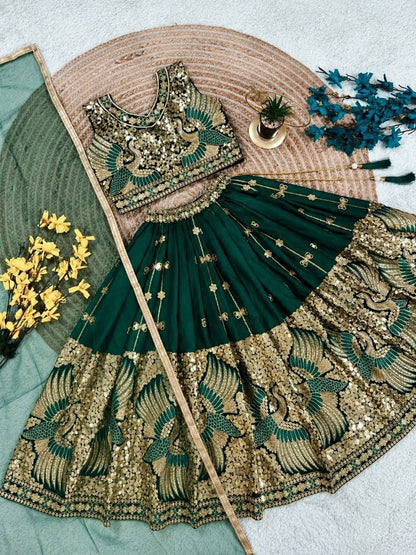 Green Pure Soft Sindur Silk Sequins Embroidery Work Work Kid&