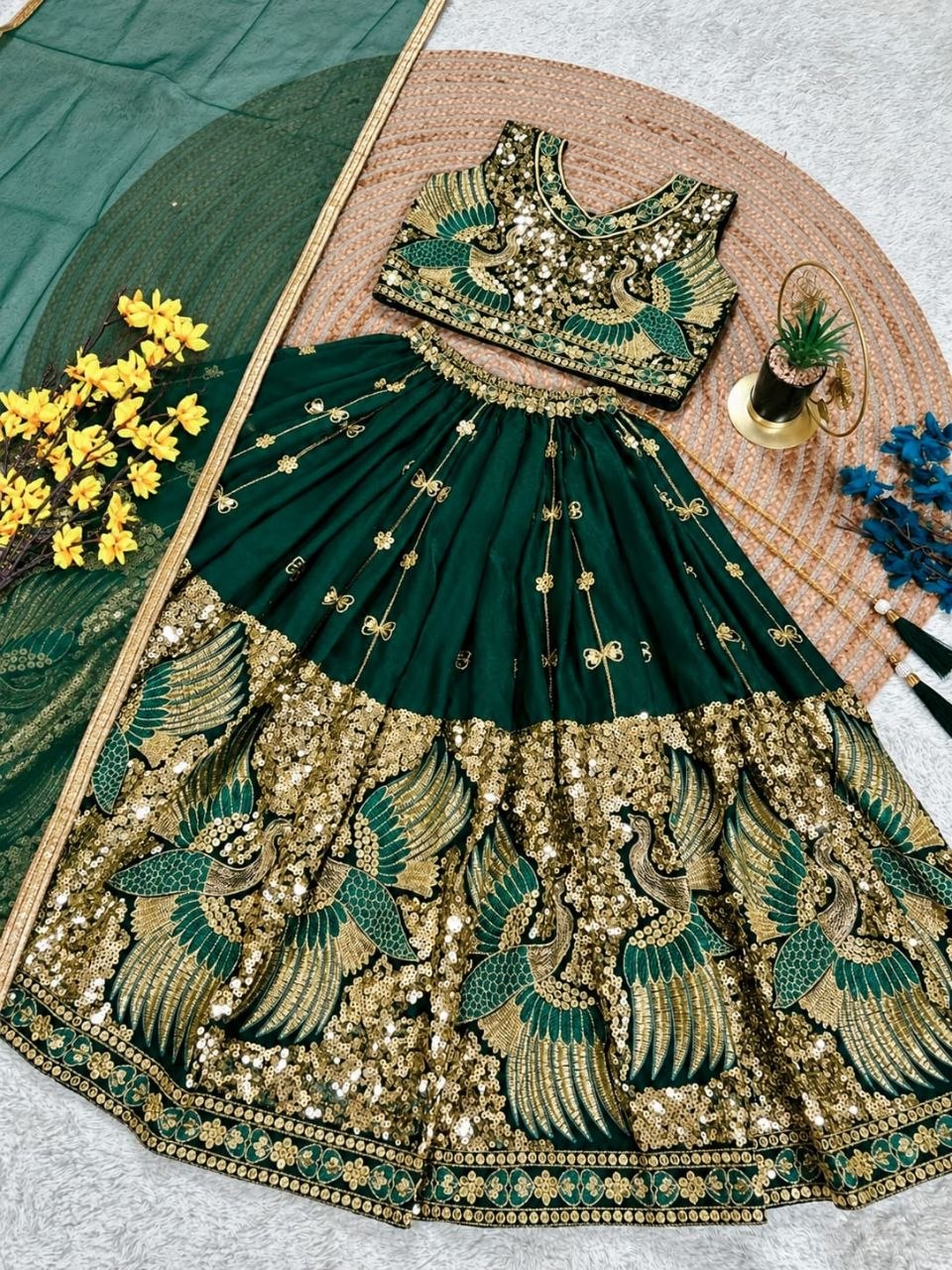 Green Pure Soft Sindur Silk Sequins Embroidery Work Work Kid&