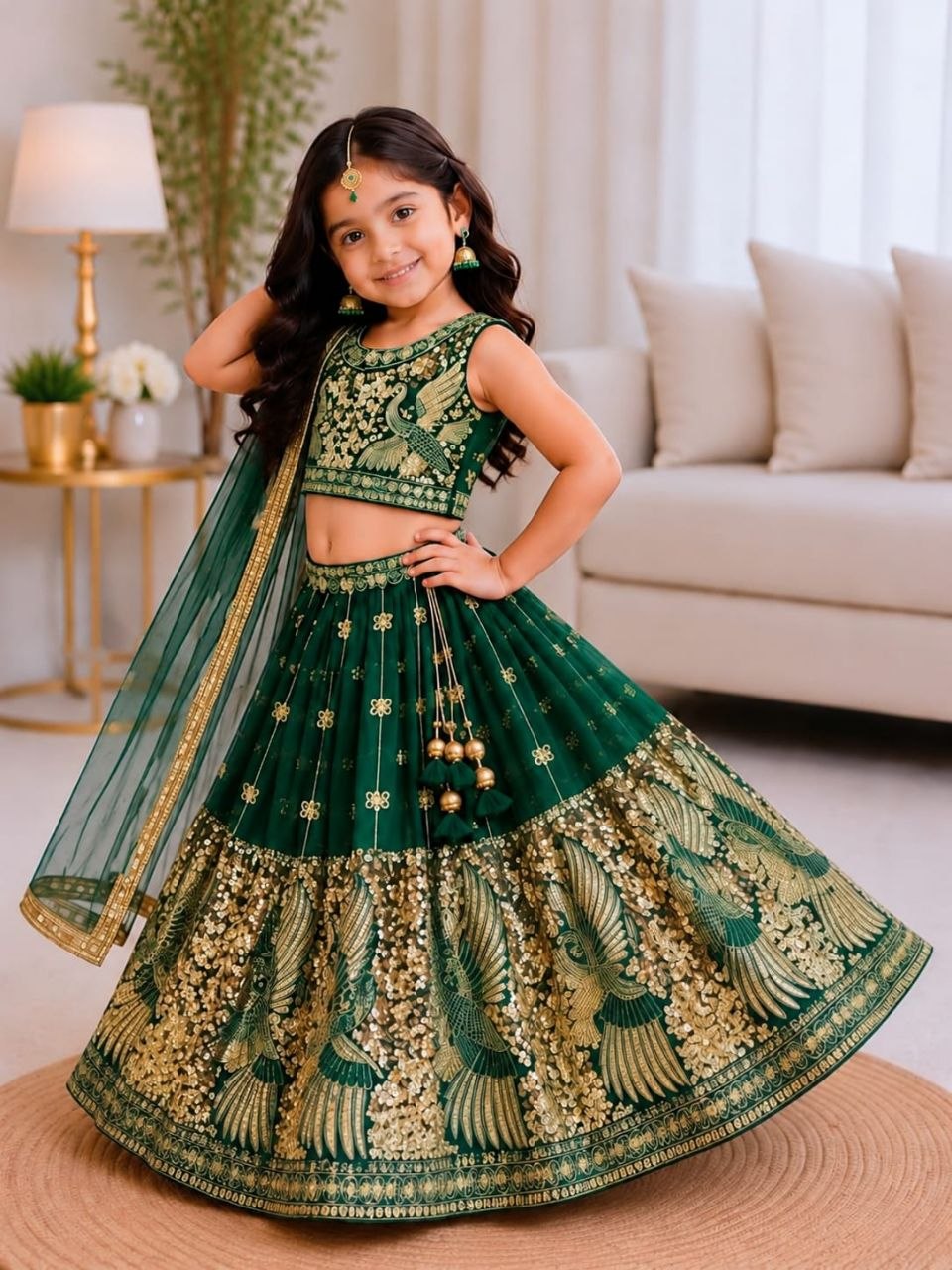 Green Pure Soft Sindur Silk Sequins Embroidery Work Work Kid&