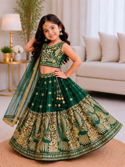 Green Pure Soft Sindur Silk Sequins Embroidery Work Work Kid&
