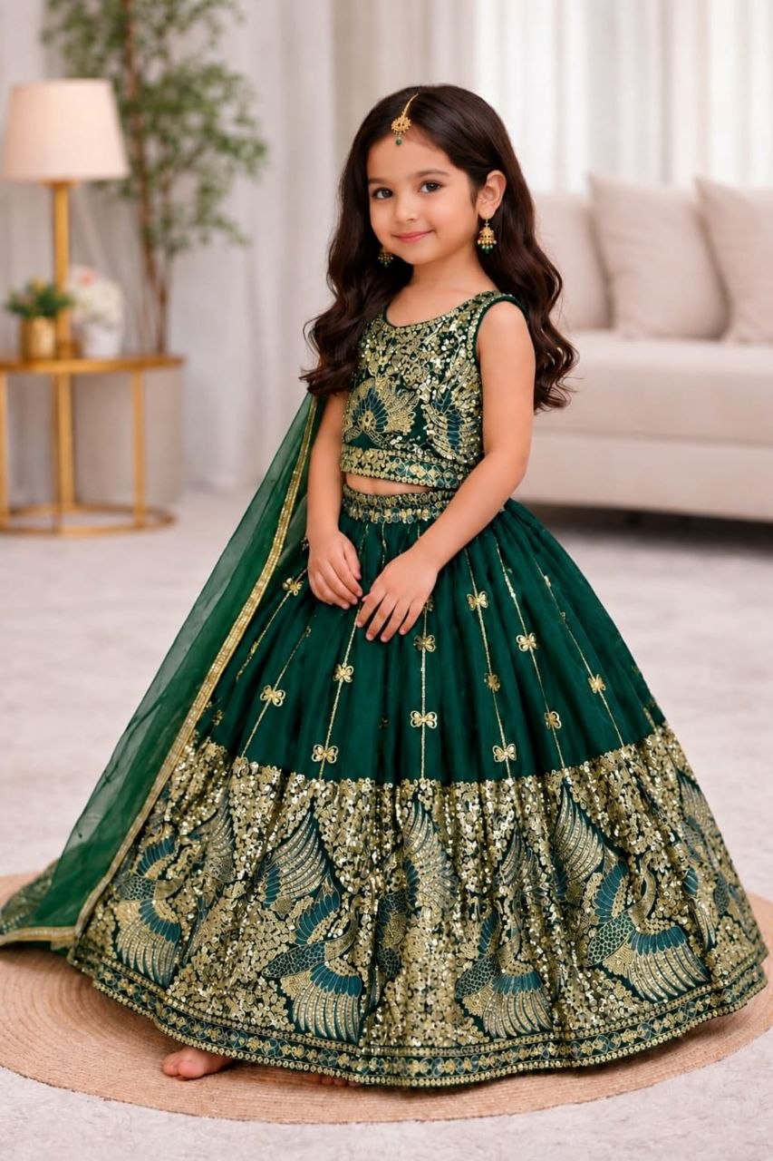 Green Pure Soft Sindur Silk Sequins Embroidery Work Work Kid&
