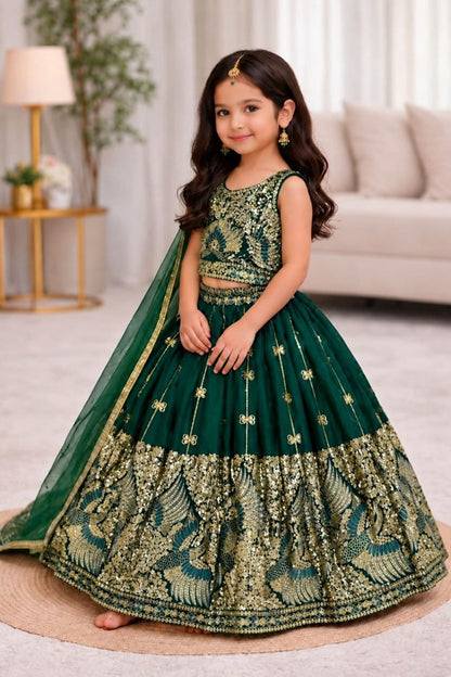 Green Pure Soft Sindur Silk Sequins Embroidery Work Work Kid&