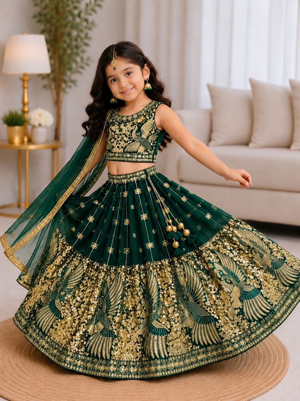 Green Pure Soft Sindur Silk Sequins Embroidery Work Work Kid&