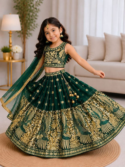 Green Pure Soft Sindur Silk Sequins Embroidery Work Work Kid&