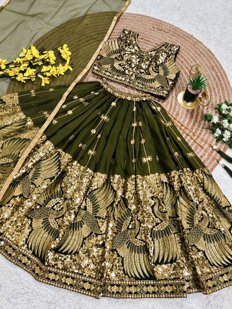 Mehandi Pure Soft Sindur Silk Sequins Embroidery Work Work Kid&