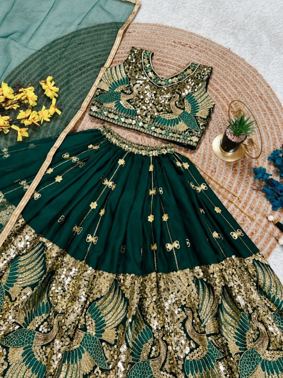 Green Pure Soft Sindur Silk Sequins Embroidery Work Work Kid&