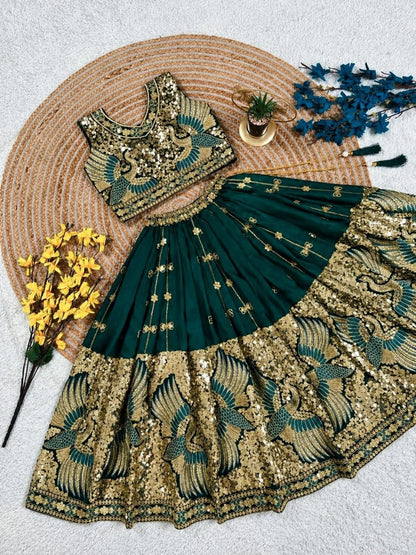 Green Pure Soft Sindur Silk Sequins Embroidery Work Work Kid&