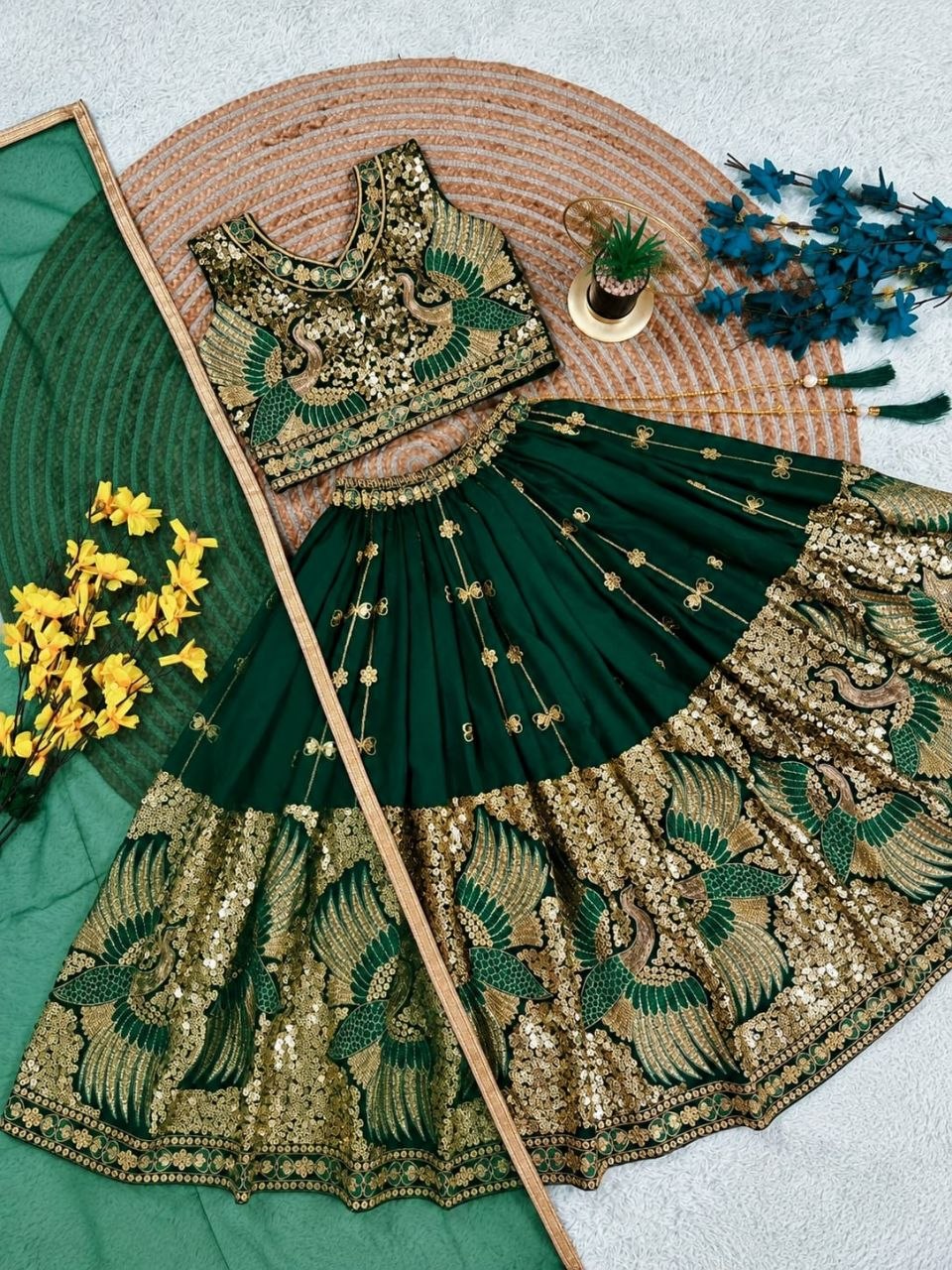 Green Pure Soft Sindur Silk Sequins Embroidery Work Work Kid&