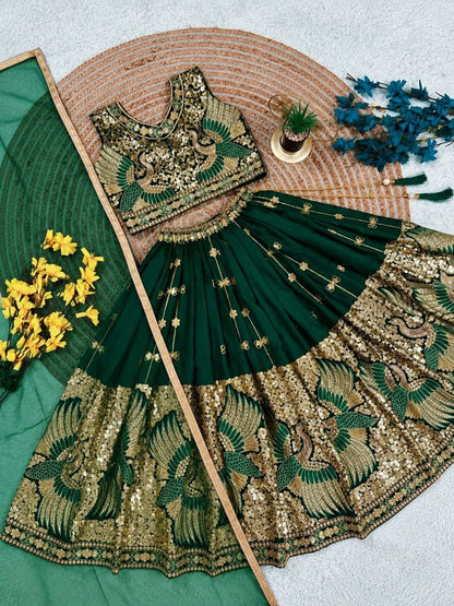 Green Pure Soft Sindur Silk Sequins Embroidery Work Work Kid&