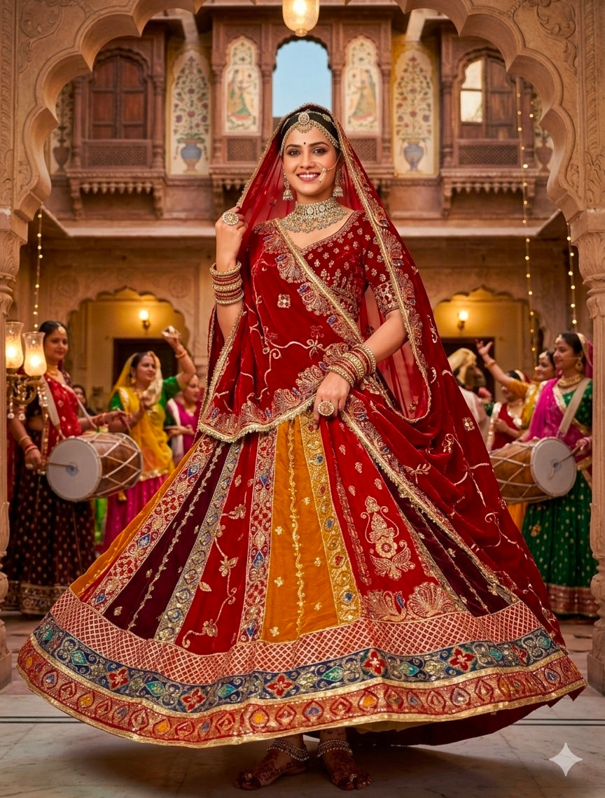 Red Pure Georgette 08 Mtr Flair Jaru Multi Work Rajasthani Rajwadi Rajputi Lehenga Choli