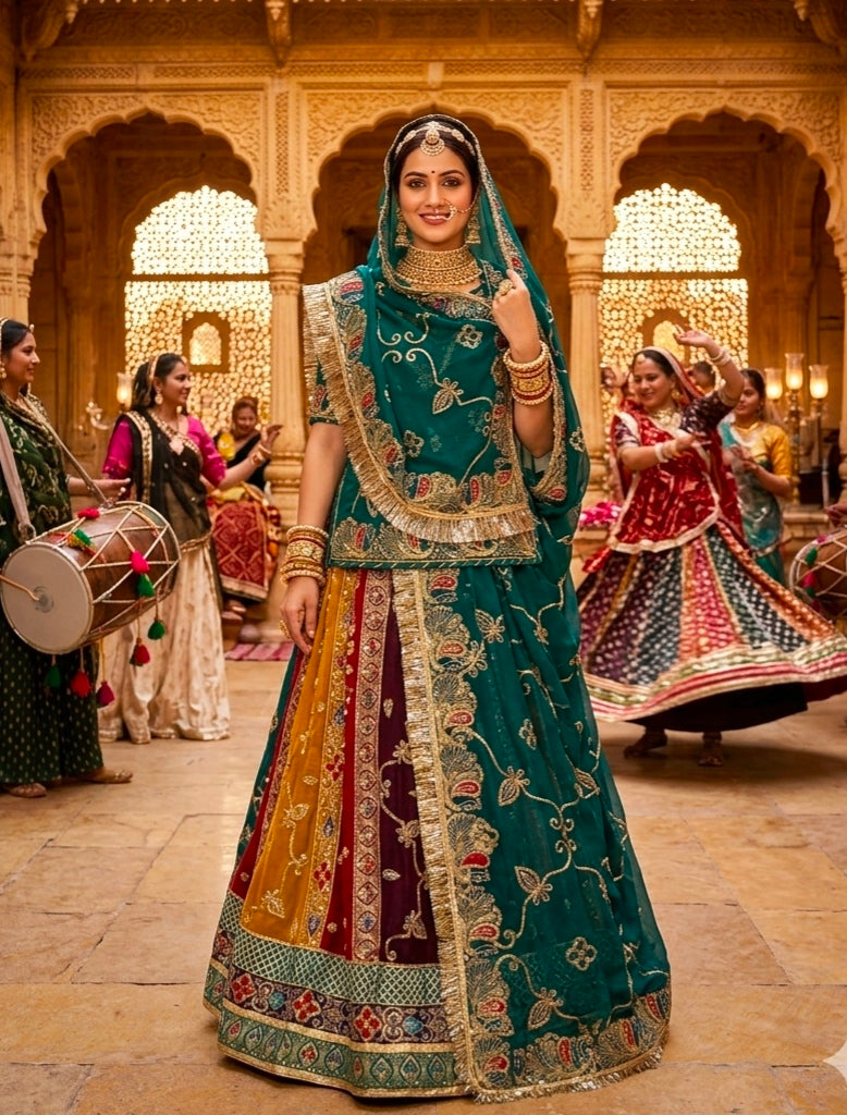 Green Pure Georgette 08 Mtr Flair Jaru Multi Work Rajasthani Rajwadi Rajputi Lehenga Choli