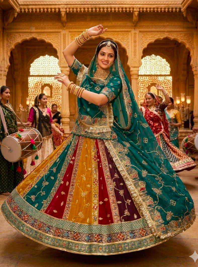 Green Pure Georgette 08 Mtr Flair Jaru Multi Work Rajasthani Rajwadi Rajputi Lehenga Choli