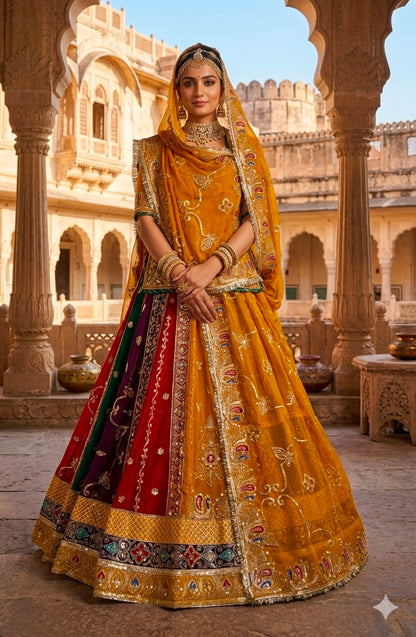 Mustard Pure Georgette 08 Mtr Flair Jaru Multi Work Rajasthani Rajwadi Rajputi Lehenga Choli