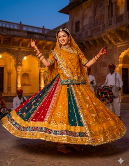 Mustard Pure Georgette 08 Mtr Flair Jaru Multi Work Rajasthani Rajwadi Rajputi Lehenga Choli