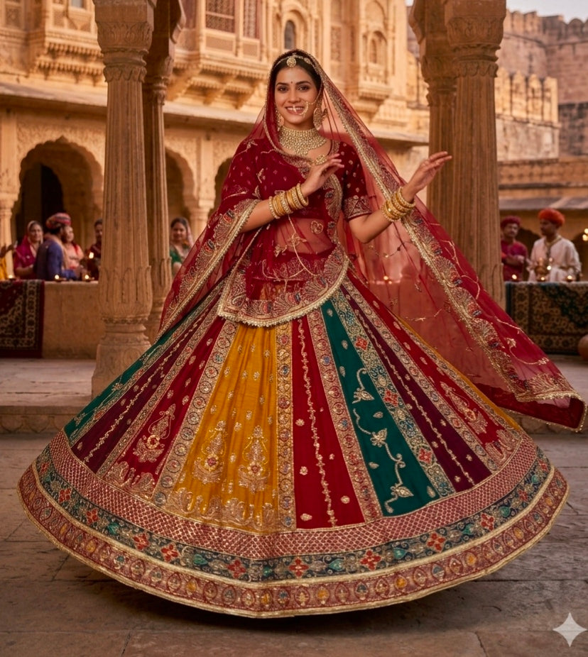 Maroon Pure Georgette 08 Mtr Flair Jaru Multi Work Rajasthani Rajwadi Rajputi Lehenga Choli