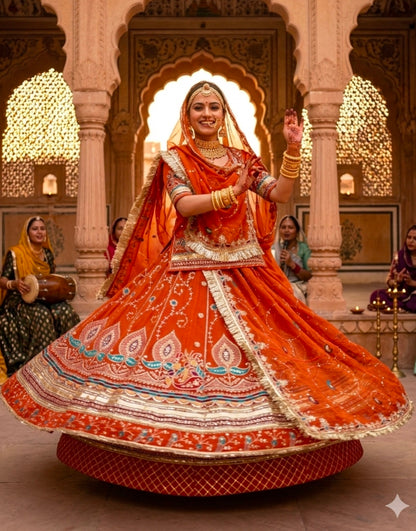 Rust Pure Georgette 08 Mtr Flair Jaru Multi Work Rajasthani Rajwadi Rajputi Lehenga Choli