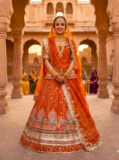 Rust Pure Georgette 08 Mtr Flair Jaru Multi Work Rajasthani Rajwadi Rajputi Lehenga Choli
