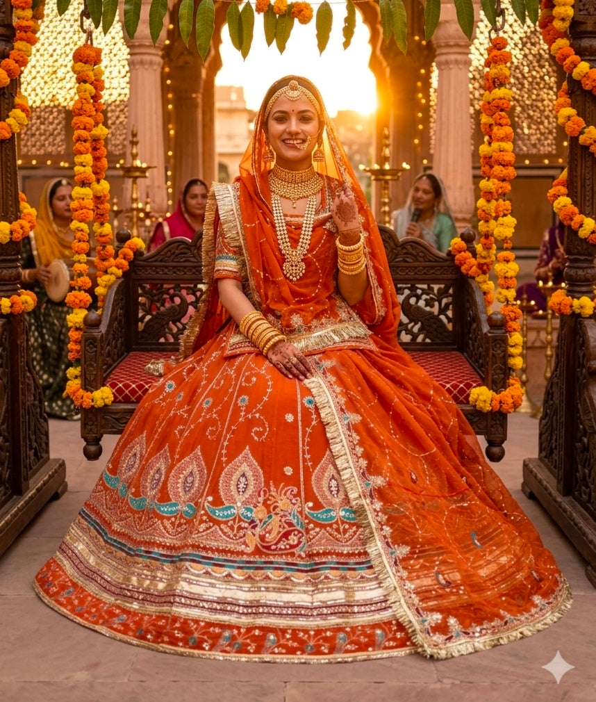 Rust Pure Georgette 08 Mtr Flair Jaru Multi Work Rajasthani Rajwadi Rajputi Lehenga Choli