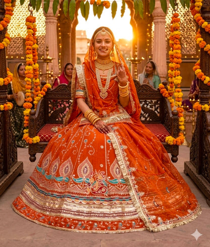Rust Pure Georgette 08 Mtr Flair Jaru Multi Work Rajasthani Rajwadi Rajputi Lehenga Choli