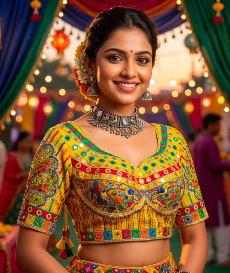 Yellow Pure Heavy Italian Silk Heavy Thread + Real Mirror Work Navratri Blouse