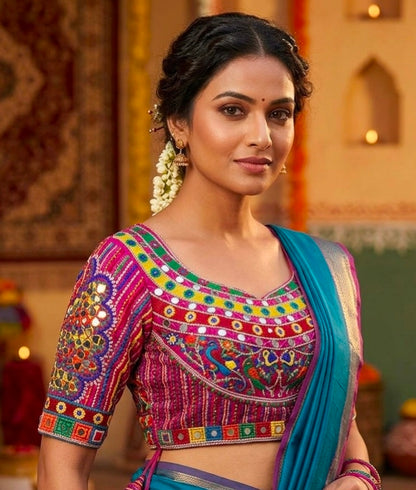 Rani Pure Heavy Italian Silk Heavy Thread + Real Mirror Work Navratri Blouse