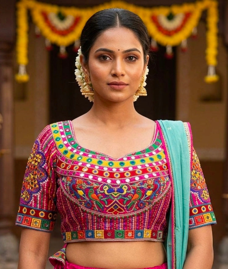 Rani Pure Heavy Italian Silk Heavy Thread + Real Mirror Work Navratri Blouse