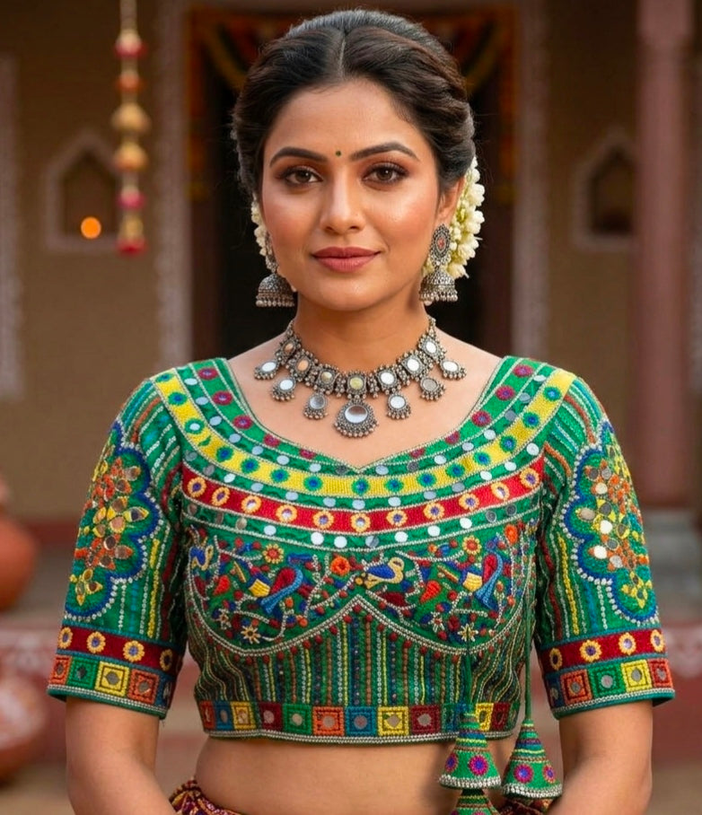 Green Pure Heavy Italian Silk Heavy Thread + Real Mirror Work Navratri Blouse