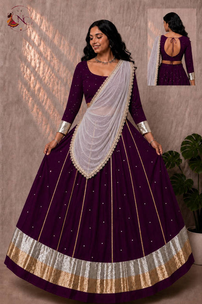 Wine Pure Cotton Silk Gamthi Work Navratri Lehenga Choli