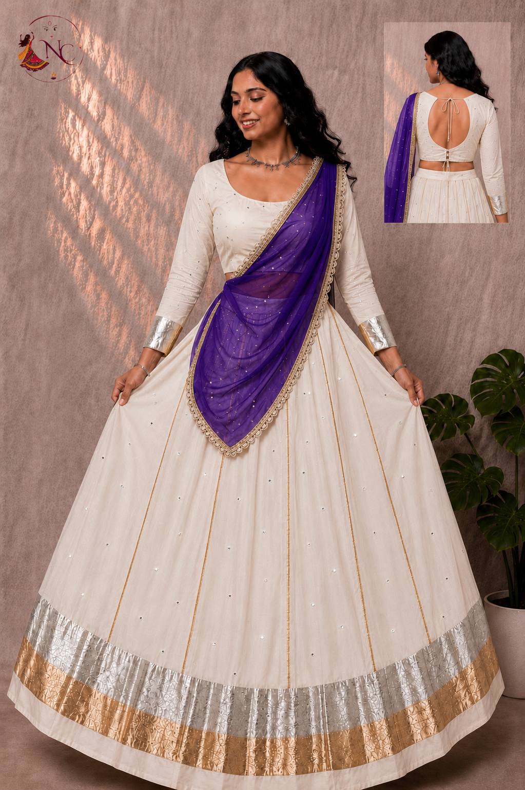 White Pure Cotton Silk Gamthi Work Navratri Lehenga Choli