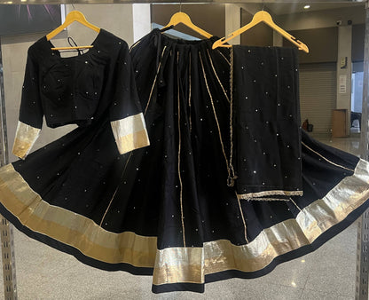Black Pure Cotton Silk Gamthi Work Navratri Lehenga Choli
