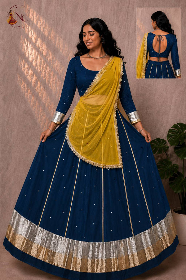 Blue Pure Cotton Silk Gamthi Work Navratri Lehenga Choli