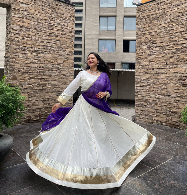 White Pure Cotton Silk Gamthi Work Navratri Lehenga Choli