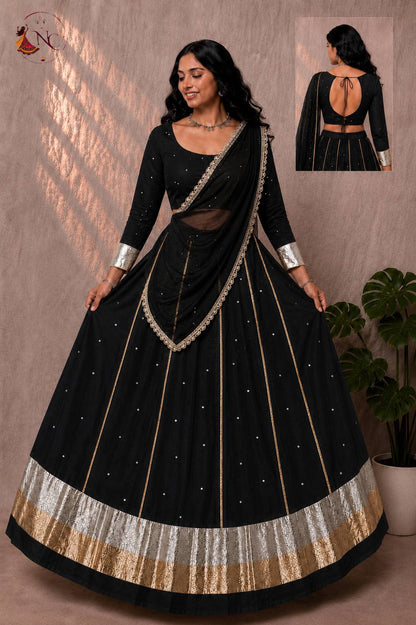 Black Pure Cotton Silk Gamthi Work Navratri Lehenga Choli