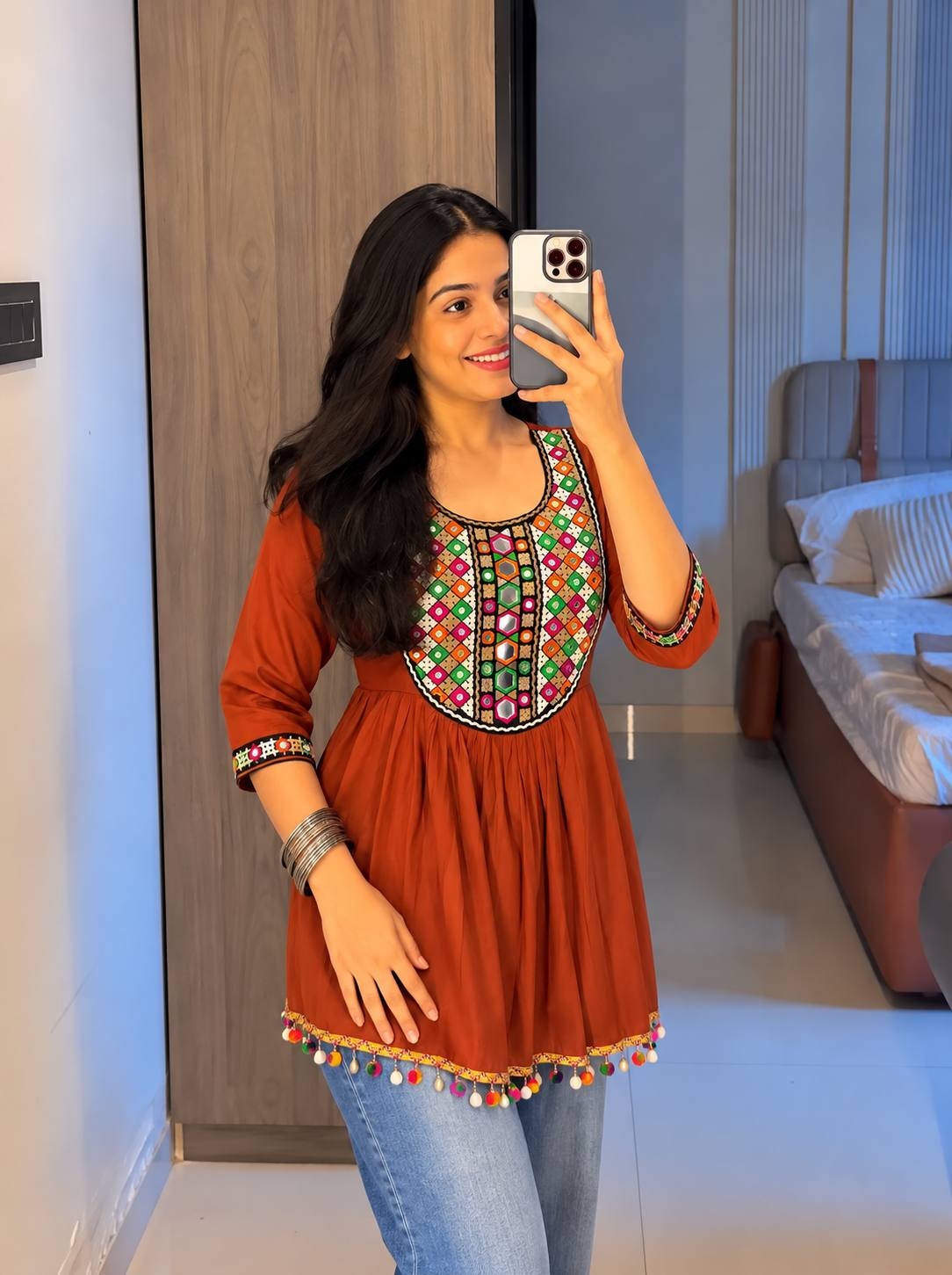 Red Pure Rayon Cotton  Embroidery Work Navratri Top